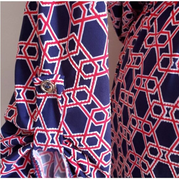 NWT PerSeption Women dress Size 1x navy white red print with faux gold chain - Picture 4 of 8